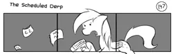 Size: 1280x404 | Tagged: safe, artist:tetrapony, derpibooru import, derpy hooves, pegasus, pony, comic:the daily derp, comic, female, mare, monochrome, solo, the scheduled derp