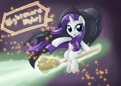 Size: 1400x1005 | Tagged: safe, artist:kaizenwerx, derpibooru import, rarity, pony, unicorn, broom, flying, flying broomstick, hat, looking at you, magic, nightmare night, solo, sparkles, witch, witch hat