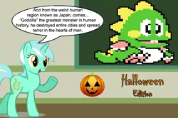 Size: 887x588 | Tagged: bub, bubble bobble, bubblun, bubby, chalkboard, derpibooru import, godzilla, godzilla (series), halloween, human studies101 with lyra, kaiju, lyra heartstrings, meme, safe, taito