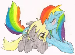Size: 1092x806 | Tagged: safe, artist:mlp-hatersgonnahate, derpibooru import, derpy hooves, rainbow dash, pegasus, pony, blushing, cute, derpydash, female, lesbian, mare, shipping, traditional art