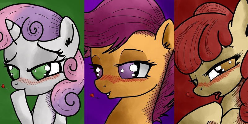 Size: 1381x692 | Tagged: suggestive, artist:vendetatj, derpibooru import, apple bloom, scootaloo, sweetie belle, pony, bedroom eyes, blushing, colored, cutie mark crusaders, female, heart