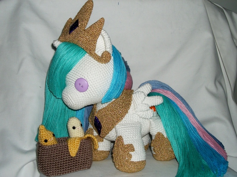 Size: 1024x768 | Tagged: amigurumi, artist:masterplanner, banana, banana bag, crochet, derpibooru import, irl, photo, plushie, princess celestia, safe, solo