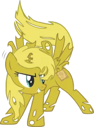 Size: 1280x1737 | Tagged: alicorn, alicorn oc, changeling, changelingified, cheeselegs, derpibooru import, goldling, oc, oc:ticket, safe, simple background, solo, species swap, transparent background, unofficial characters only, vector