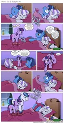 Size: 1200x2312 | Tagged: artist:muffinshire, bed, bed mane, bedroom, boing, bouncing, comic, comic:twilight's first day, derpibooru import, facehoof, filly, hopping, night light, nightvelvet, pronking, safe, shining armor, slice of life, spanish, translation, twilight sparkle, twilight velvet