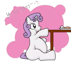 Size: 1625x1409 | Tagged: artist:cloudmentality, belly, bellyache, derpibooru import, food, hungry, preggy belle, pregnant, safe, sitting, sweetie belle, swelling, swollen, table