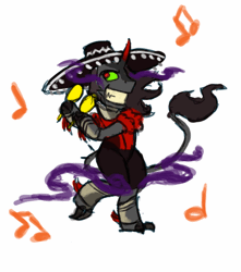 Size: 500x566 | Tagged: safe, artist:aa, derpibooru import, edit, king sombra, pony, umbrum, unicorn, spoiler:s03, animated, claws, clothes, cute, dancing, king sombrero, looking at you, male, maracas, music notes, musical instrument, smiling, solo, sombra eyes, sombradorable, sombrero, stallion