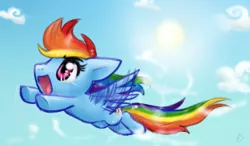 Size: 322x188 | Tagged: artist:mahoxyshoujo, cloud, cloudy, derpibooru import, flying, rainbow dash, safe, sky, sun