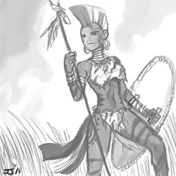 Size: 900x900 | Tagged: artist:johnjoseco, breasts, clothes, derpibooru import, earring, female, grayscale, human, humanized, monochrome, piercing, shield, skirt, solo, solo female, spear, suggestive, weapon, zecora, zulu