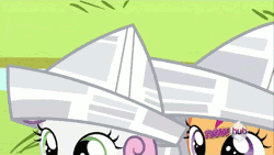 Size: 480x270 | Tagged: animated, derpibooru import, hat, hub logo, newspaper, paper boat, paper hat, pinkie pie, ponyville confidential, river, safe, scootaloo, screencap, sweetie belle