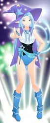 Size: 817x2000 | Tagged: artist:jonfawkes, boots, cape, clothes, corset, derpibooru import, fireworks, humanized, leotard, looking at you, magician outfit, pigeon toed, pointing, safe, shoes, smiling, teeth, thighs, trixie