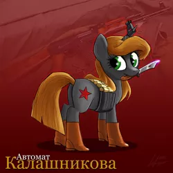 Size: 800x800 | Tagged: safe, artist:thurinus, derpibooru import, ponified, pony, ak-47, automatic kalashnikov, boots, bullet, clothes, cyrillic, gun, kalashnikov pattern, kalashnikova, knife, rifle, russian, shoes, weapon