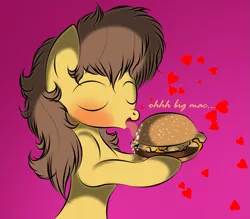 Size: 1137x998 | Tagged: artist:v-d-k, big mac (burger), blushing, burger, caramel, caramel is awesome, derpibooru import, food, hamburger, heart, licking, mcdonald's, ponies eating meat, pun, safe, spit