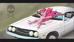 Size: 833x480 | Tagged: artist:thelonelampman, car, death proof, derpibooru import, dodge (car), dodge challenger, pinkie pie, rainbow dash, safe, twilight sparkle