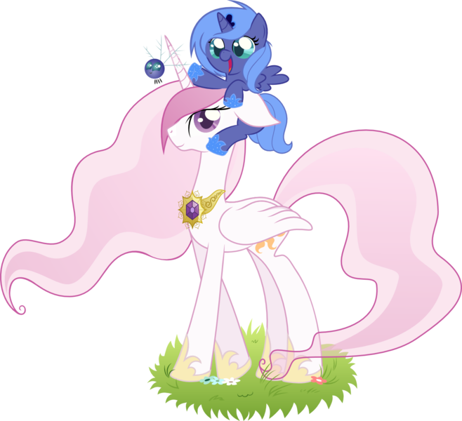 Size: 1349x1231 | Tagged: safe, artist:nazoth, derpibooru import, princess celestia, princess luna, alicorn, parasprite, pony, duo, female, filly, filly luna, pink-mane celestia, royal sisters, simple background, sisters, transparent background, younger