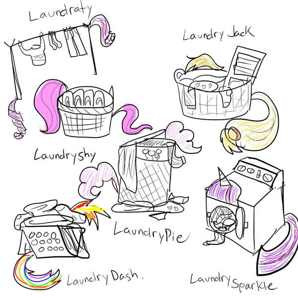 Size: 1280x1280 | Tagged: applejack, artist:strangerdanger, clothes, clothes line, derpibooru import, fluttershy, laundry, laundry basket, mane six, not salmon, pants, pinkie pie, rainbow dash, rarity, safe, simple background, sock, socks, sweater, twilight sparkle, washboard, washing machine, wat, white background