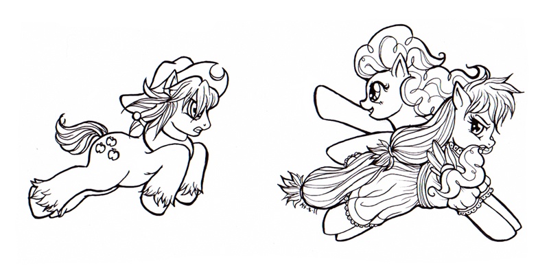 Size: 800x406 | Tagged: applejack, applejack (male), artist:stellarina, derpibooru import, fanfic:on a cross and arrow, lineart, monochrome, pinkie pie, rule 63, safe