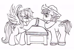 Size: 650x441 | Tagged: applejack, applejack (male), artist:stellarina, derpibooru import, fanfic:on a cross and arrow, lineart, monochrome, rainbow dash, rule 63, safe