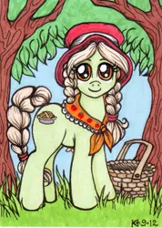 Size: 427x600 | Tagged: safe, artist:stellarina, derpibooru import, granny smith, earth pony, pony, adorasmith, basket, bonnet, braid, braided tail, cute, female, mare, solo, young granny smith