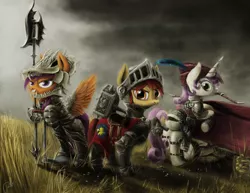 Size: 1024x791 | Tagged: dead source, safe, artist:peasantb, deleted from derpibooru, derpibooru import, apple bloom, scootaloo, sweetie belle, pony, armor, bow (weapon), cutie mark crusaders, fantasy class, halberd, hammer, helmet, knight, skull helmet, warrior