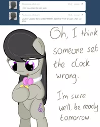 Size: 816x1034 | Tagged: safe, artist:erthilo, derpibooru import, octavia melody, earth pony, pony, ask octavia, ask, bipedal, clock, dialogue, female, mare, simple background, solo, tumblr, white background