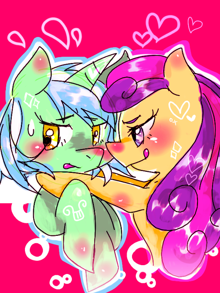 Size: 600x800 | Tagged: safe, artist:kyubi, artist:tuintawaa, derpibooru import, bon bon, lyra heartstrings, sweetie drops, earth pony, pony, unicorn, blushing, bust, female, heart, lesbian, lyrabon, pixiv, shipping, tongue out