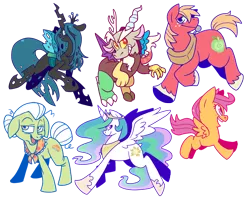 Size: 1016x800 | Tagged: safe, artist:grindzone, derpibooru import, big macintosh, discord, granny smith, princess celestia, queen chrysalis, scootaloo, earth pony, pony, male, stallion