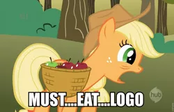 Size: 960x618 | Tagged: apple, applejack, derpibooru import, fourth wall, hubble, hub logo, hungry, image macro, logo, safe, solo