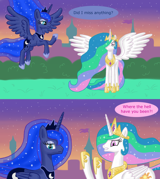 Size: 2500x2800 | Tagged: artist:fahu, derpibooru import, luna is friggen useless, princess celestia, princess luna, safe