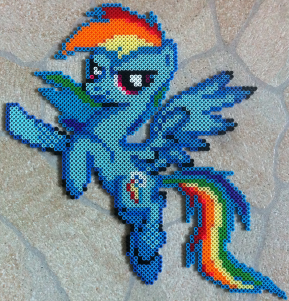 Size: 1770x1836 | Tagged: artist:zizzaz, bead sprite, custom, derpibooru import, irl, perler beads, photo, rainbow dash, safe, solo, sprite