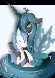 Size: 800x1135 | Tagged: safe, artist:kajiura, derpibooru import, queen chrysalis, shining armor, changeling, pony, unicorn, female, hug, male, pixiv, shining chrysalis, shipping, stallion, straight