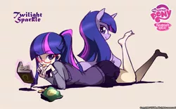 Size: 1591x988 | Tagged: safe, artist:tcun, derpibooru import, twilight sparkle, human, pony, barefoot, book, chips, clothes, cute, feet, glasses, human ponidox, humanized, looking at you, ponytail, prone, reading, skirt, twiabetes