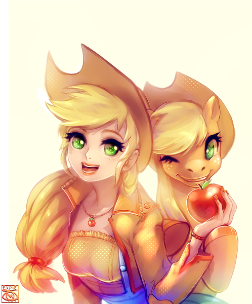 Size: 996x1200 | Tagged: dead source, safe, artist:e-x-p-i-e, derpibooru import, applejack, pony, apple, cute, human ponidox, humanized, jackabetes, obligatory apple, one eye closed, open mouth, wink