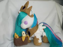 Size: 1024x768 | Tagged: amigurumi, artist:masterplanner, banana, crochet, derpibooru import, irl, photo, plushie, princess celestia, safe, solo