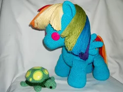 Size: 1024x768 | Tagged: safe, artist:masterplanner, derpibooru import, rainbow dash, tank, pegasus, pony, tortoise, amigurumi, crochet, female, irl, mare, photo, plushie, solo