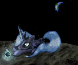 Size: 2468x2052 | Tagged: safe, artist:ksopies, derpibooru import, princess luna, alicorn, pony, blue mane, colored, earth, female, fire, glow, glowing horn, horn, lidded eyes, looking at something, mare, missing accessory, moon, on the moon, planet, prone, smiling, solo, space, stars, stone, traditional art