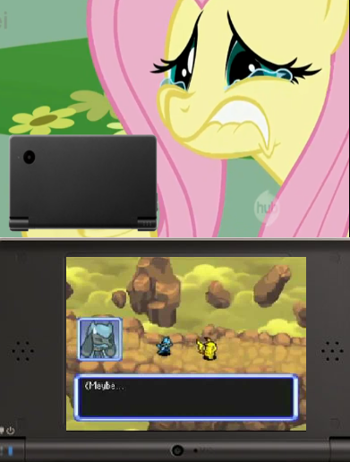 Size: 391x516 | Tagged: safe, derpibooru import, fluttershy, pikachu, pony, riolu, crying, exploitable meme, feels, fluttercry, meme, nintendo ds, nintendo dsi, pokémon, pokémon mystery dungeon, tv meme