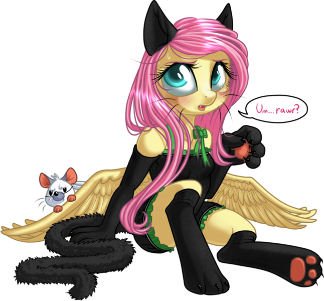 Size: 989x918 | Tagged: angel bunny, animal, animal costume, anthro, artist:kittehkatbar, cat, cat costume, cat ears, cat tail, clothes, costume, cute, derpibooru import, evening gloves, female, fluttercat, fluttershy, hooves, mouse, open mouth, paw gloves, paw print hooves, pegasus, rabbit, rawr, safe, simple background, solo, stockings, sweat, sweating profusely, transparent background, unguligrade anthro
