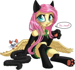 Size: 989x918 | Tagged: angel bunny, animal, animal costume, anthro, artist:kittehkatbar, cat, cat costume, cat ears, cat tail, clothes, costume, cute, derpibooru import, evening gloves, female, fluttercat, fluttershy, hooves, mouse, open mouth, paw gloves, paw print hooves, pegasus, rabbit, rawr, safe, simple background, solo, stockings, sweat, sweating profusely, transparent background, unguligrade anthro