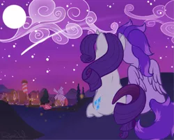 Size: 1147x926 | Tagged: safe, artist:ryunwoofie, derpibooru import, rarity, oc, oc:kydose, firefly (insect), pegasus, pony, unicorn, canon x oc, city, cityscape, cloud, female, male, mare, moon, night, overlooking, ponyville, raridose, romantic, shooting star, stallion, stars