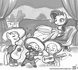 Size: 1000x909 | Tagged: artist:johnjoseco, band, derpibooru import, grayscale, guitar, mariachi, monochrome, moustache, rarity, safe, singing, snails, snips, spike