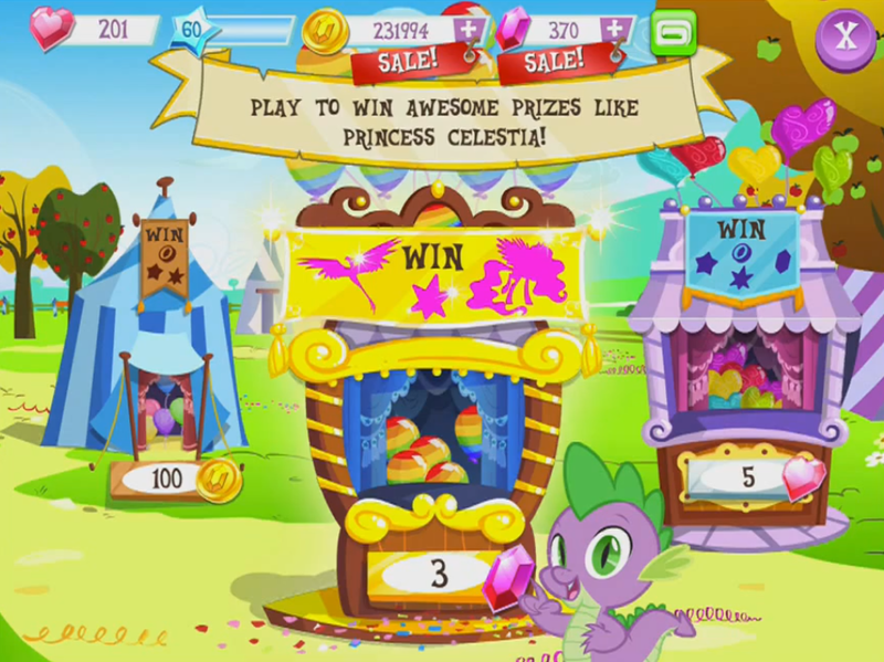 Size: 914x684 | Tagged: balloon, balloon pop, balloon popping, balloon pop stand, derpibooru import, dragon, gameloft, game screencap, official, philomena, popping, princess celestia, safe, screencap, solo, spike