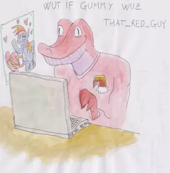 Size: 814x826 | Tagged: artist needed, computer, derpibooru import, exploitable meme, gummy, laptop computer, meme, rainbow dash, safe, source needed, that red guy, watercolor painting, wut if gummy wuz a meme