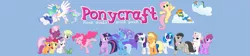 Size: 1349x301 | Tagged: artist needed, safe, derpibooru import, apple bloom, applejack, berry punch, berryshine, cheerilee, derpy hooves, fluttershy, gummy, nurse redheart, octavia melody, pinkie pie, princess celestia, princess luna, rainbow dash, rarity, scootaloo, spitfire, sweetie belle, trixie, twilight sparkle, vinyl scratch, earth pony, pegasus, pony, unicorn, cloud, eyes closed, female, filly, flying, grin, lidded eyes, logo, mare, minecraft, on back, open mouth, poneh, ponycraft, prone, raised hoof, raised leg, s1 luna, sleeping, smiling, spread wings