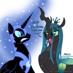 Size: 800x800 | Tagged: safe, artist:srmario, derpibooru import, nightmare moon, queen chrysalis, alicorn, changeling, changeling queen, pony, dialogue, female, looking at each other, mare, signature, simple background, transparent background