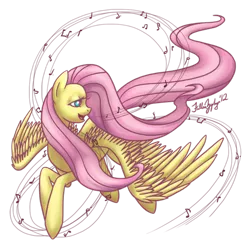 Size: 800x800 | Tagged: artist:fallenzephyr, derpibooru import, fluttershy, flying, music, safe, singing, solo