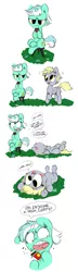 Size: 1191x4149 | Tagged: artist needed, source needed, safe, derpibooru import, derpy hooves, lyra heartstrings, pegasus, pony, unicorn, balloonshop, chocolate, comic, derp, dialogue, duo, eating, food, grass, lyra is not amused, on back, parody, simple background, sitting, stool, unamused, white background