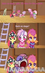 Size: 500x800 | Tagged: apple bloom, cheerilee, clothes, comic, cutie mark crusaders, derpibooru import, edit, edited screencap, safe, scootaloo, screencap, screencap comic, show stopper outfits, spike, sweetie belle, sweetie derelle, the show stoppers