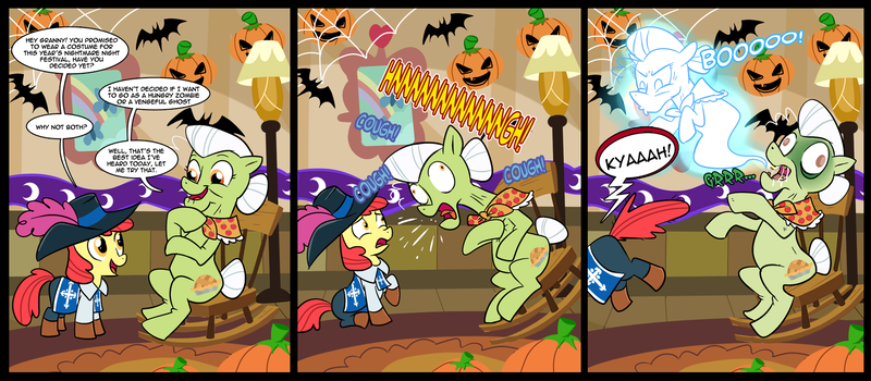 Size: 1700x744 | Tagged: apple bloom, artist:madmax, comic, crossing the line twice, dead, death, derpibooru import, ghost, ghost pony, giving up the ghost, granny smith, heart attack, musketeer, nightmare fuel, safe, zombie