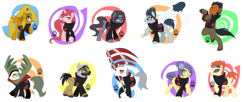 Size: 5360x2263 | Tagged: akatsuki, artist:nabbiekitty, deidara, derpibooru import, hidan, hoshigaki kisame, kakuzu, konan, naruto, pain, pain (naruto), ponified, safe, sasori, simple background, tobi, transparent background, uchiha itachi, uchiha obito, zetsu