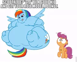 Size: 752x606 | Tagged: author:lordryu, burp, derpibooru import, dialogue, dirty, duo, fat, floppy ears, flying, image macro, lordryu fat edit, morbidly obese, obese, open mouth, rainblob dash, rainbow dash, raised hoof, safe, scootaloo, shrunken pupils, simple background, spread wings, surprised, white background